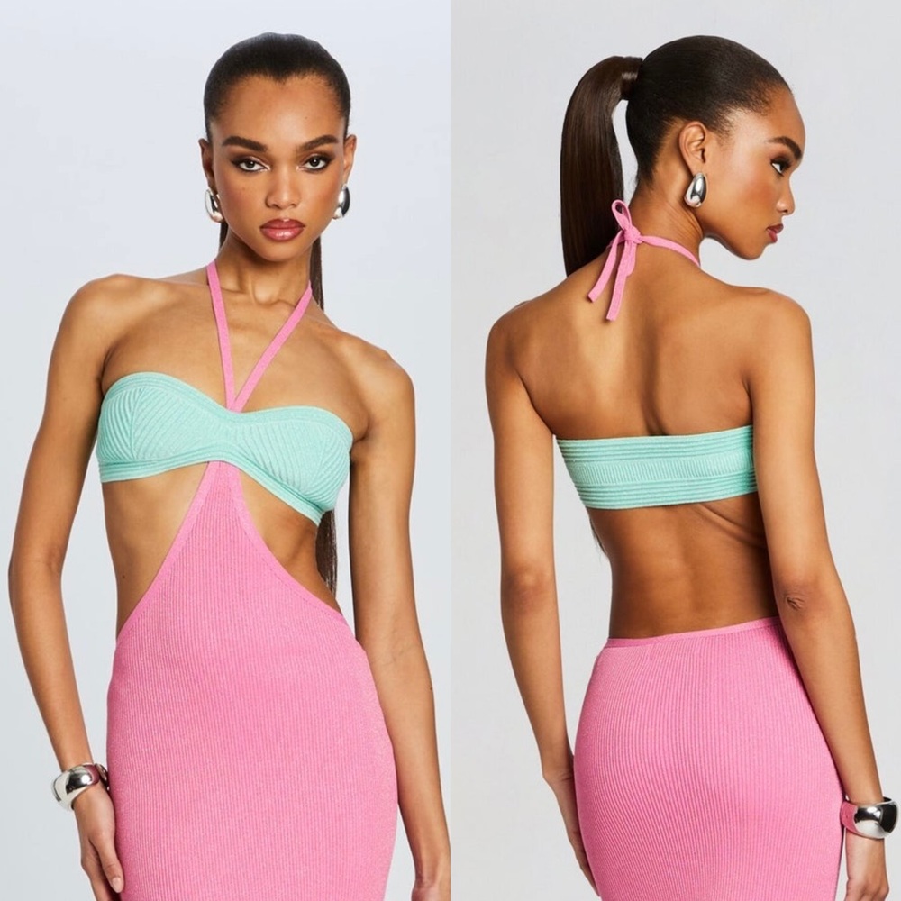 NWT RETROFETE Glitter Rib Knit Colorblock Halter Neck Cutout Waist Mini Dress XS - Picture 3 of 6